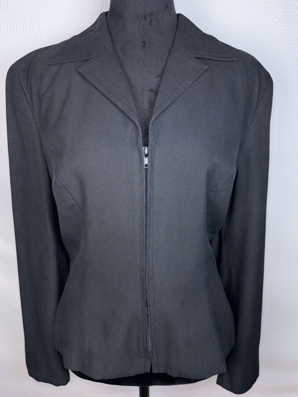 Vintage Finity Black 100% Silk Textured Zip Jacket Size 10 Collared Lined